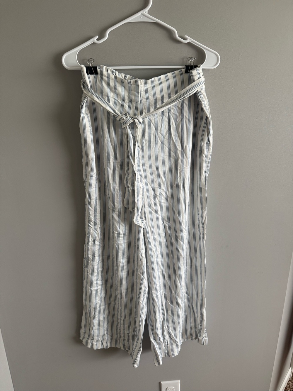 Loft High-Waist Striped Paperbag Linen Blend Pants - Blue & White